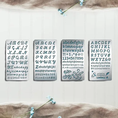 BENECREAT 4 plantillas de metal con números del alfabeto de 4 x 7 pulgadas, plantilla de acero de 4 estilos para tallado de madera, dibujos y