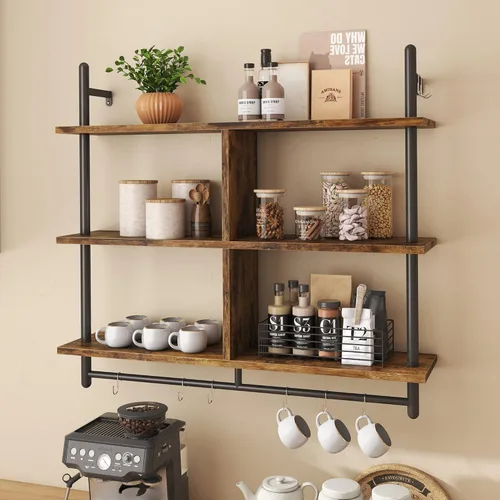 Miniatura 9 de Bestier Estantes Flotantes de Cocina de 41" Montados en Pared de 3 Niveles Barra de Café Estante para Tazas Colgante con 8 Ganchos Exhibidor