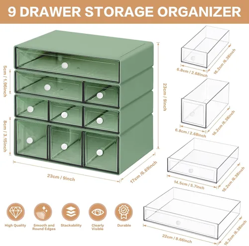 Miniatura 3 de Organizador de escritorio con 9 cajones, cajones de almacenamiento para manualidades de escritorio apilables de 4 niveles, caja de almacenamiento