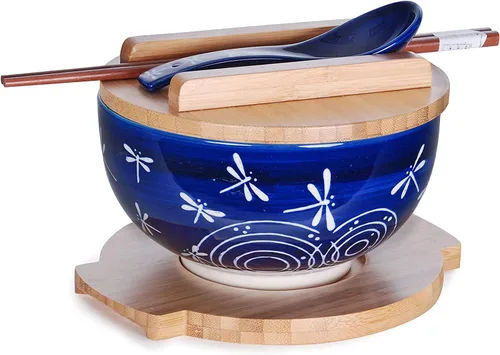 Miniatura 10 de Happy Sales HSKM-CHRYB8, juego de tazón para ramen, fideos de arroz estilo vintage japonés Kamameshi con tapa de bambú, esterilla, palillos