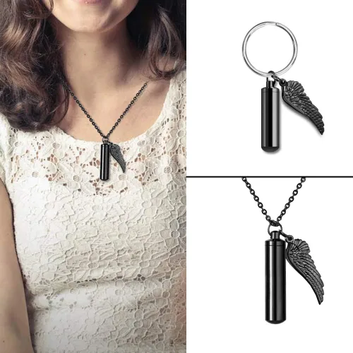 Miniatura 3 de Dletay - Collar de urna de cremación para cenizas, colgante de recuerdo con alas de ángel, acero inoxidable