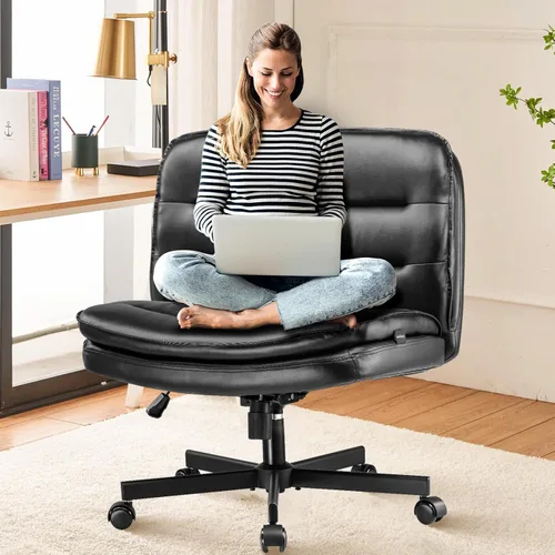Miniatura 9 de COMHOMA Silla cruzada con ruedas, silla de oficina con patas cruzadas sin brazos, silla de escritorio ancha para oficina en casa, silla giratoria