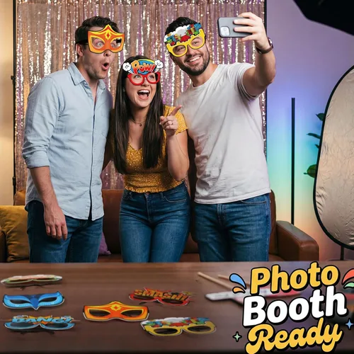 Miniatura 7 de 32 piezas de regalos de fiesta de héroes cómics, gafas de papel para cabina de fotos, accesorios para eventos de cumpleaños, suministros de fiesta