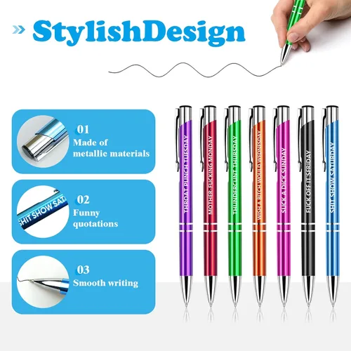 Miniatura 3 de QPEY 7 bolígrafos sarcásticos, juego de bolígrafos de palabras malditas diarias, bolígrafos divertidos para adultos, tinta negra, 1.0 mm, siete días