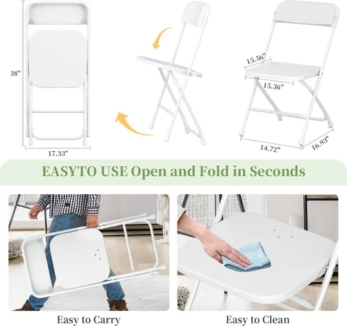 Miniatura 3 de Silla Plegable, Paquete de 4 Sillas Plegables de Plástico Blanco para Interiores y Exteriores, Asiento Comercial Apilable Portátil con Marco