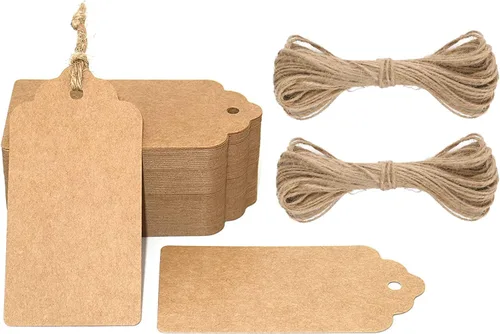 100 etiquetas de precios G2PLUS de papel de estraza, con una cuerda marrón e ideales para empaques, manualidades, bodas, Navidad, Día de Acción de