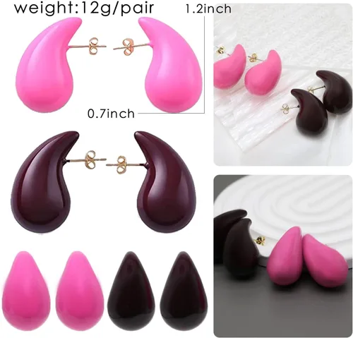 Miniatura 3 de 2 pares de aretes de gota de agua gruesos dorados y plateados, ligeros, huecos, aretes de aro de lágrima, regalo de joyería de moda para mujeres