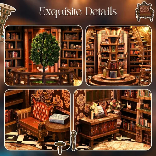 Miniatura 5 de Kit de rincón de libros, rompecabezas de madera 3D para adultos, kit de casa en miniatura para adultos, rincón de libros con luz LED, regalos