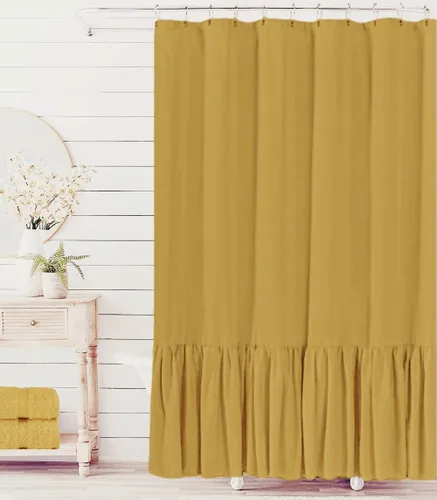 Cortina de ducha Felisa de estilo granja color mostaza con dobladillo de volantes, cortina de ducha de mezcla de lino para baño, 72 x 72 pulgadas