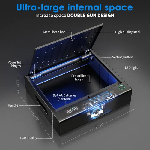 Miniatura 5 de Caja fuerte para pistolas, caja fuerte biométrica para pistolas, huella dactilar ≤0.1s de acceso rápido, caja fuerte para pistolas con pantalla LCD