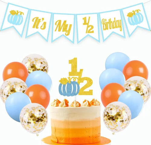 Cartel de cumpleaños 1/2 con texto en inglés "Pumpkin It's My 1/2" para decoración de pastel de 6 meses, accesorios para fotos de Halloween, globos