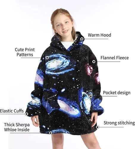 Miniatura 5 de JAMBHALA Manta de gran tamaño con capucha para niños, sudadera con capucha de franela cálida y esponjosa con bolsillos para niños y adolescentes
