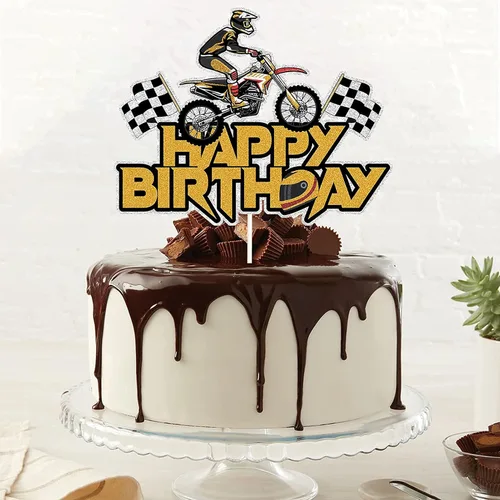 Miniatura 3 de Decoración para tartas con temática de cumpleaños, para motocicleta, con purpurina dorada.