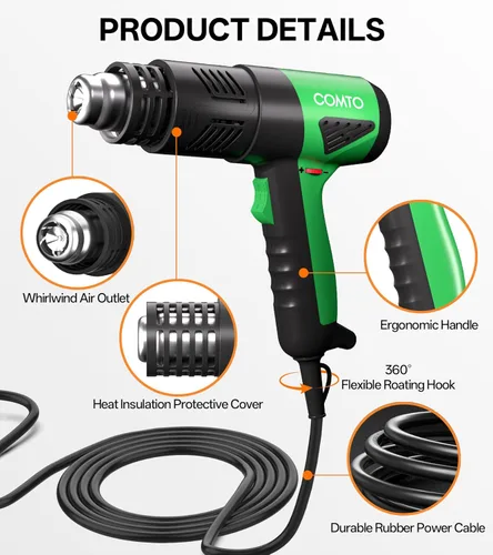 Miniatura 5 de Pistola de calor de 1800 W, calentamiento rápido, 122℉-1202℉, pistola de aire caliente resistente, control de temperatura variable, protección
