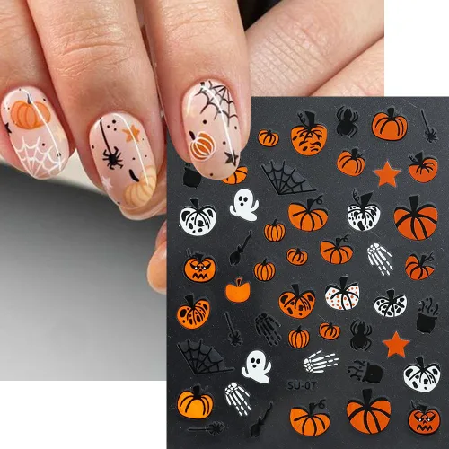 Miniatura 6 de 8 hojas de calcomanías de uñas de Halloween con diseños de fantasmas lindos, calabaza, araña, telaraña, sangre, llama 3D, autoadhesivas, Otoño