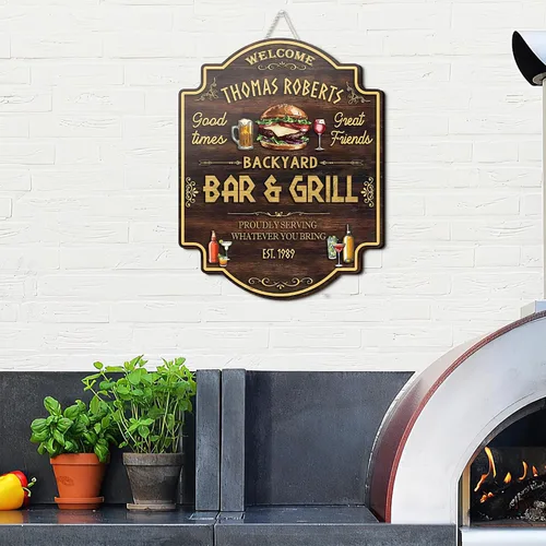Miniatura 6 de Artsy Woodsy Letrero personalizado para bar y parrilla en el patio trasero (no tallado o neón), decoración de placa artística de pared, accesorios