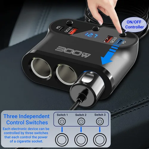 Miniatura 4 de Adaptador de encendedor de cigarrillos 7 en 1: Ouffun 300 W 3 sockets extensiones de cargador de coche divisor de 12 V con doble PD USB C 30W