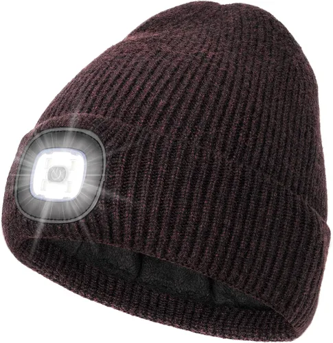 Miniatura 9 de MELASA Gorro de invierno con forro polar LED, recargable por USB, gorro cálido con luz integrada, regalos para hombres, papá, esposo, él