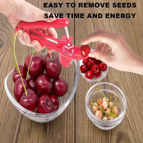 Miniatura 7 de Cherry Pitter, herramienta de acero inoxidable resistente para descorazonadores de aceitunas y cerezas con diseño de bloqueo que ahorra espacio, Rojo