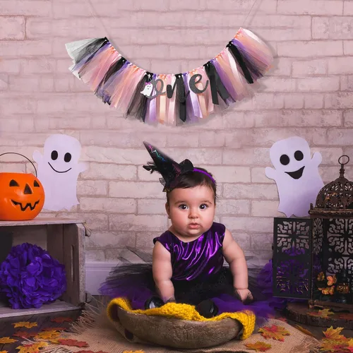 Miniatura 4 de Cartel de Halloween para silla alta para primer cumpleaños, suministros de fiesta de todos los santos para falda tutú para silla alta, banderín