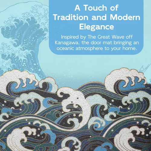Miniatura 3 de Tapete de puerta de entrada de onda azul, tapete de estilo japonés Ukiyo-e, tapete antideslizante de PVC para puerta, tapete para el hogar, tapete