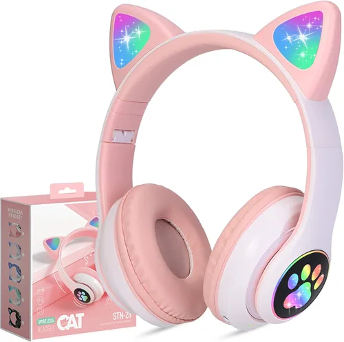 Miniatura 8 de TCJJ Auriculares Bluetooth 6.0 con orejas de gato para niñas, luz LED, límite de volumen seguro de 85dB, auriculares plegables inalámbricos