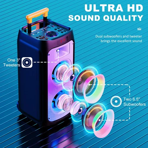 Miniatura 2 de HWWR Máquina de karaoke con 2 micrófonos inalámbricos, gran altavoz Bluetooth para fiestas con 500 W de potencia pico para adultos, sistema PA