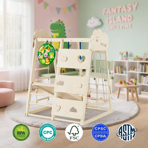 Miniatura 7 de Zona de juegos interior 8 en 1, gimnasio interior de la selva para niños, juguetes de escalada Montessori de madera con anillos, tobogán, escalera