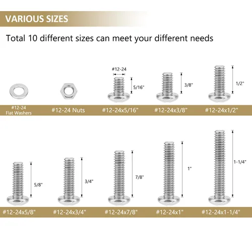 Miniatura 3 de 104 piezas #12-24x 5/16", 3/8", 1/2", 5/8", 3/4", 7/8", 1", 1-1/4", Kit surtido de tornillos de máquina Phillips con cabeza de sartén, tuercas