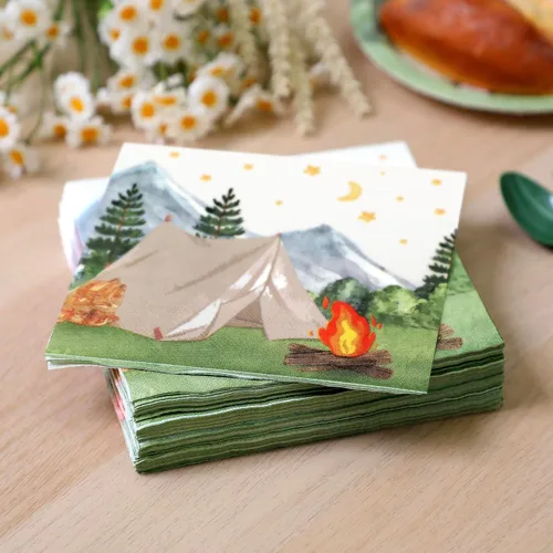 Miniatura 6 de Nefelibata Servilletas de papel para campamento con decoración de cumpleaños, servilletas de papel con acuarela, tienda de campaña de acuarela