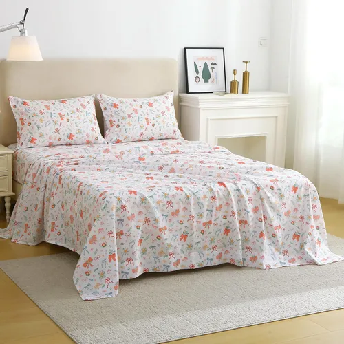 Miniatura 2 de Viviland - Juego de sábanas florales para cama de tamaño matrimonial, 4 piezas con diseño de moño impreso y flores vintage, sábanas suaves