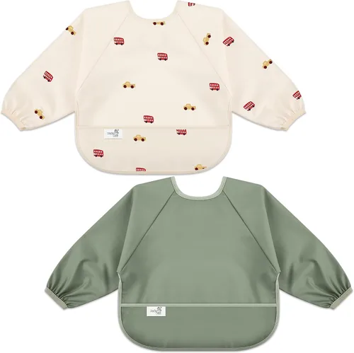 Miniatura 12 de Babero de manga larga para bebé, tela impermeable, bolsillo recolector, babero delantal para bebé, mangas ajustables