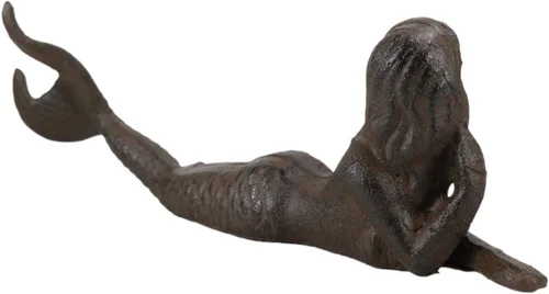 Miniatura 6 de Ebros Gift Sirena náutica de hierro fundido rústico de 9.5 pulgadas de largo con cola estirada, estatua de diosa del océano, princesa, playa