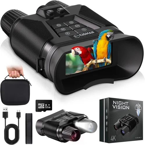Gafas de visión nocturna, binoculares de visión nocturna 4K para adultos, batería recargable de 5000mAh y tarjeta TF de 32 GB, binoculares