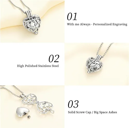 Miniatura 10 de Collar con medallón de cremación conmemorativa con corazón eterno con mini urna para cenizas de seres queridos