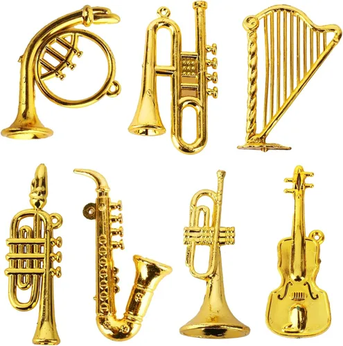 Miniatura 2 de Juego de mini instrumentos musicales en miniatura, adornos dorados para árbol de Navidad, colección de mini instrumentos con guitarra pequeña