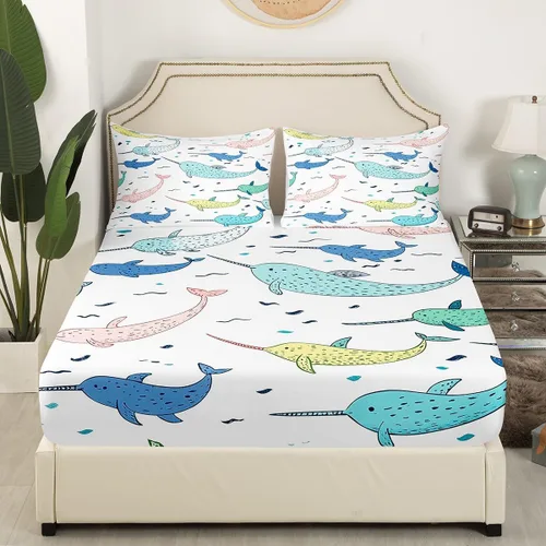 Miniatura 3 de Juego de ropa de cama Narwhal Ocean Whale - Juego de sábanas bajeras náuticas costeras para niños y niñas, vida marina, animales de dibujos