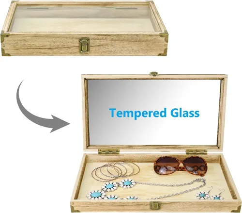 Miniatura 3 de MOOCA Caja de almacenamiento de accesorios de madera natural con esquinas de latón y cierre de metal, bandeja de joyería de madera