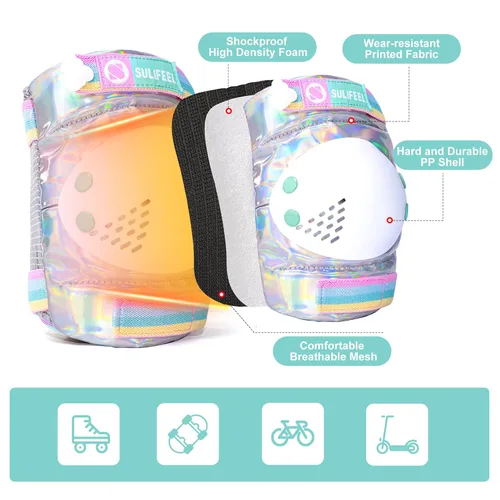 Miniatura 4 de SULIFEEL - Rodilleras de arcoíris y unicornio para niños, coderas, muñequeras con bolsa de cordón, juego de equipo de protección ajustable