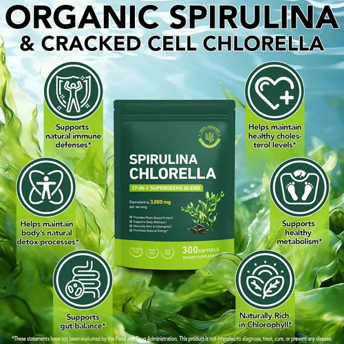 Miniatura 3 de Cápsulas de Clorella de Espirulina Orgánica,Suplemento sin OMG y sin gluten,300 cápsulas blandas