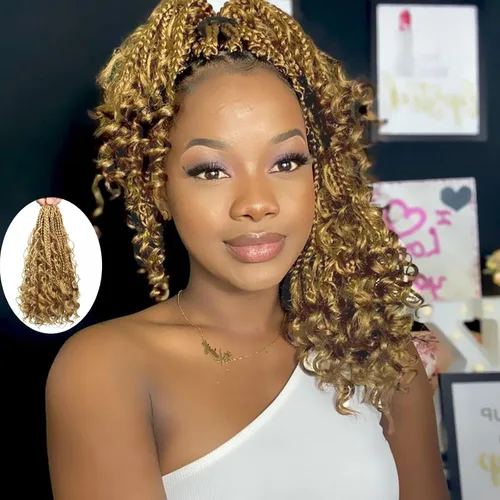 Miniatura 8 de Flagship 9 Paquetes Goddess Box Braids Cabello de Ganchillo para Mujeres Negras - 10 Pulgadas Pre-enrollado con Puntas Rizadas, Estilo Bohemio