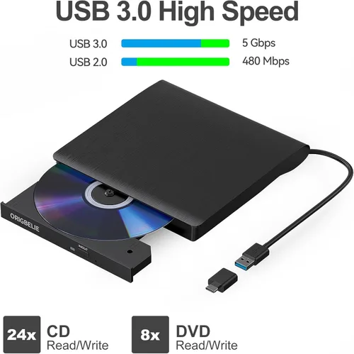 Miniatura 3 de ORIGBELIE Unidad externa de CD/DVD para portátil, grabadora de CD USB 3.0 +/-RW CD ROM, unidad de DVD externa Reproductor de DVD portátil