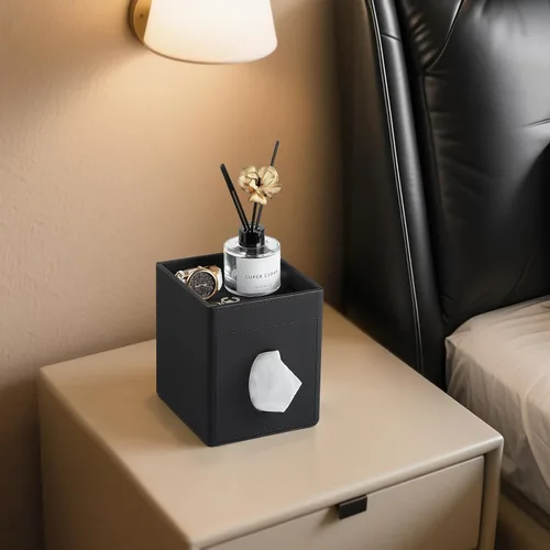 Miniatura 5 de Funda para Caja de Pañuelos, Soporte Cuadrado de Piel Sintética para Caja de Pañuelos con Bandeja de Almacenamiento para Baño, Tocador, Encimera