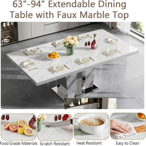 Miniatura 5 de Juego de mesa de comedor de mármol sintético blanco para 10, juego de mesa de comedor extensible de 11 piezas de 63 a 94 pulgadas con 10 sillas