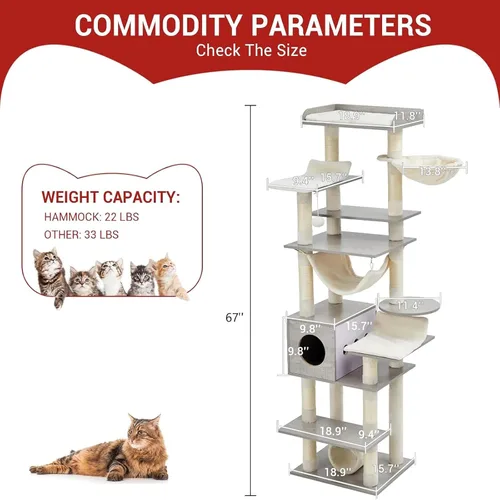 Miniatura 7 de GarveeHome Árbol de gato de 67 pulgadas para gatos grandes, cuenta con poste rascador, condominio para gatos, plataformas, túnel, hamaca, estación