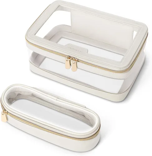 Miniatura 11 de Soimeat Bolsa de maquillaje transparente de viaje con bolsa para brochas de maquillaje, estuche de maquillaje de cuero, bolsa de cosméticos Blanco