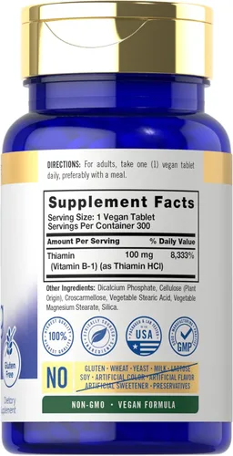 Miniatura 2 de Carlyle Vitamina B1 de 100 mg 300 tabletas Suplemento para mujeres y hombres como tiamina HCl Vegano, sin OMG y sin gluten