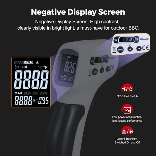 Miniatura 5 de Pistola de temperatura para carne, termómetro infrarrojo automotriz con anillo láser DS12: 1, pistola térmica digital con emisividad ajustable y Gris