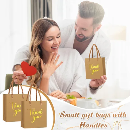 Miniatura 6 de Honoson 30 mini bolsas de regalo con asa de 4 x 2.75 x 4.5 pulgadas, pequeña bolsa de agradecimiento de papel de aluminio para boda, baby shower