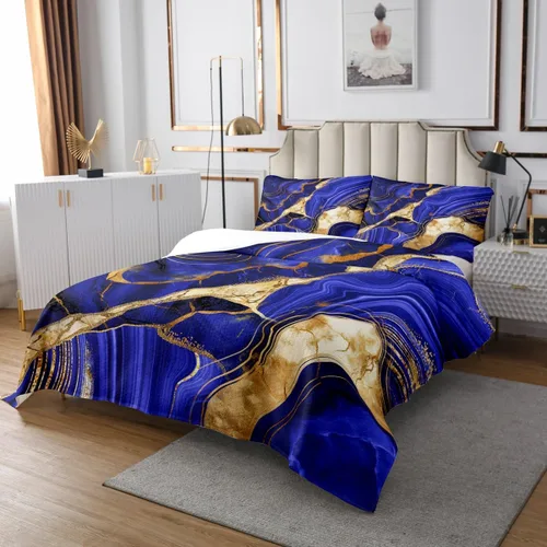 Miniatura 3 de Erosebridal Juego de edredón de mármol azul morado tamaño Queen, juego de colcha con estampado de grietas de mármol dorado para niños, juego
